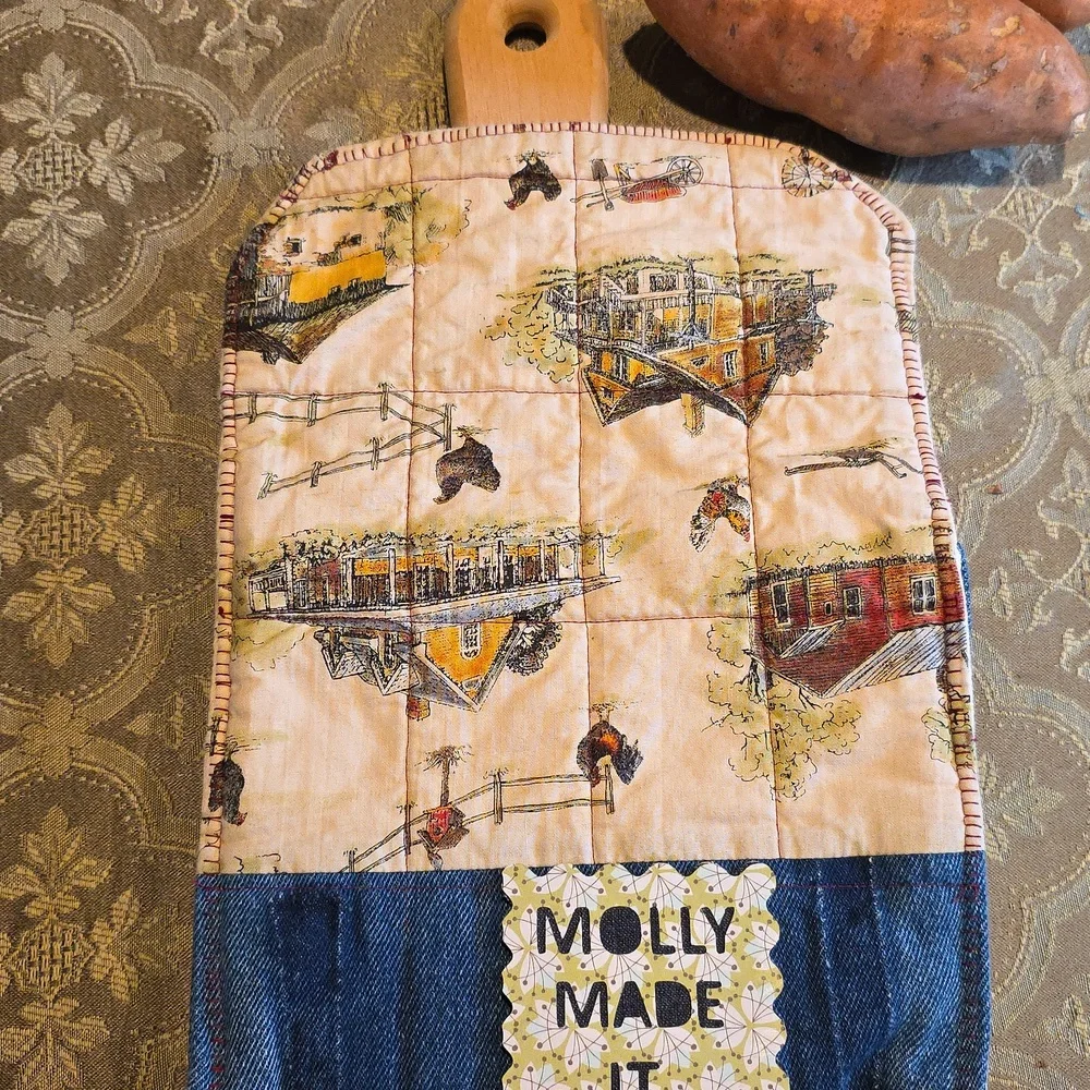 HAND CRAFTED Potato Pouch Microwave UPCYCLE Blue Denim Cotton Farmhouse 8.5 Inch